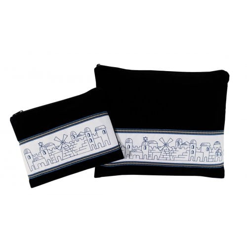 Ronit Gur Navy Velvet Tallit and Tefillin Bag Set, Embroidered Jerusalem - Blue