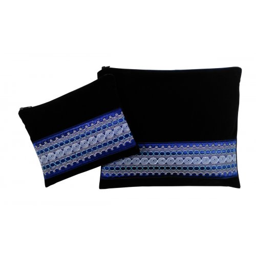 Ronit Gur Navy Velvet Tallit and Tefillin Bags Set, Yemenite Style Embroidery
