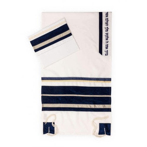 Ronit Gur Navy and Gold Stripes Tallit Prayer Shawl with Blessing with Bag and Kippah