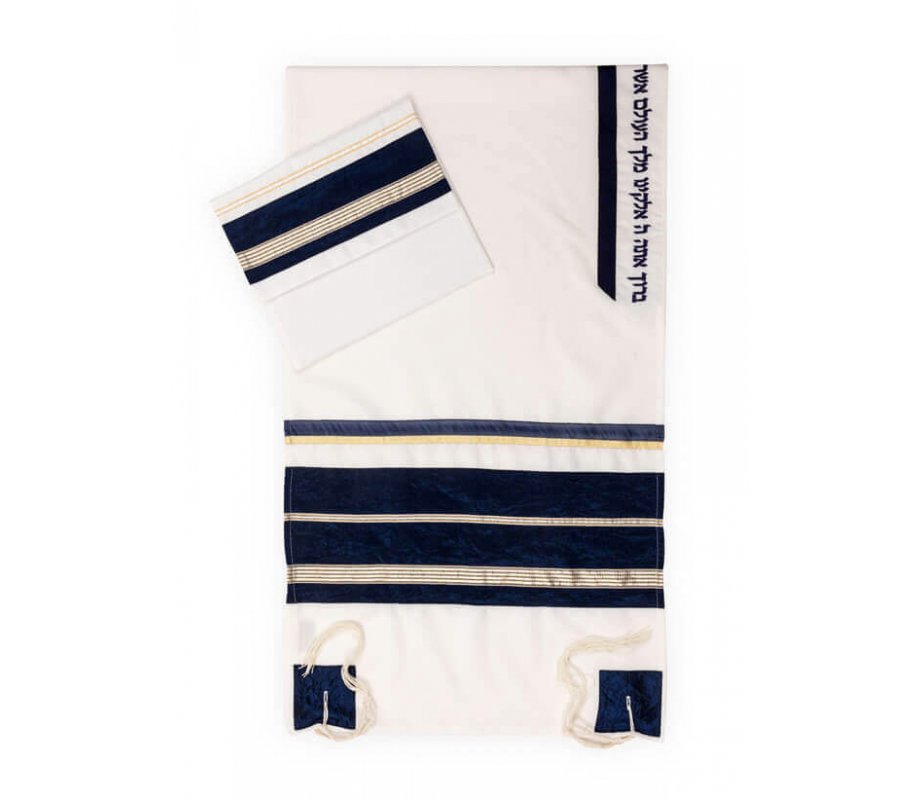 Ronit Gur Navy and Gold Stripes Tallit Prayer Shawl with Blessing with Bag and Kippah