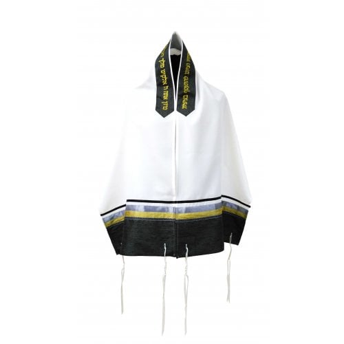 Ronit Gur Off-White Viscose Tallit Set with Silver, Black & Gold Stripes