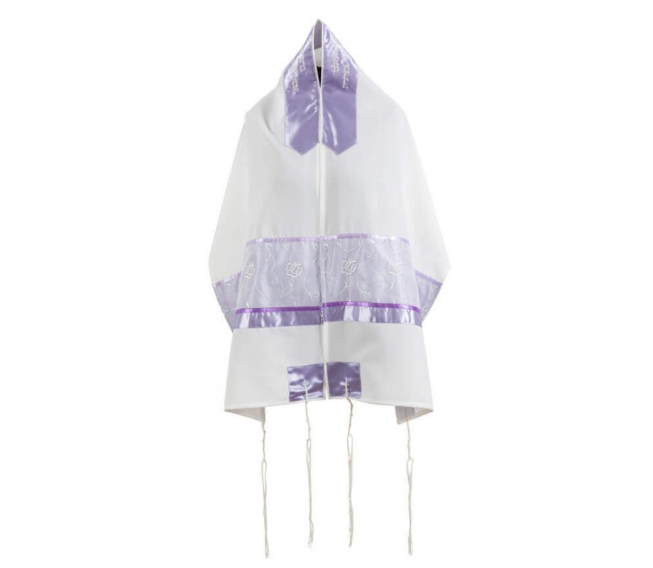 Ronit Gur Purple Insert Flower Design Tallit Prayer Shawl Set With Bag and Kippah