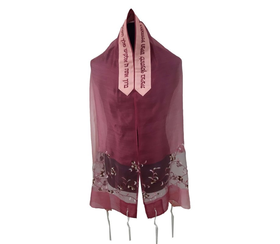 Ronit Gur Silk-Wool Tallit Prayer Shawl Set, Pink Apple Blossom Panel - Maroon