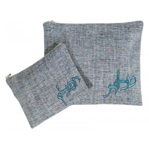 Ronit Gur Tallit Bag Set, Off-White Speckled Fabric - Turquoise Embroidery