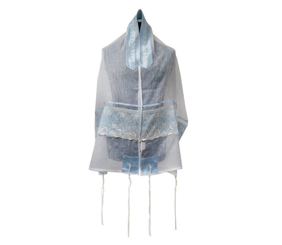 Ronit Gur Tallit Prayer Shawl Set, Organza with Blue Floral Lace Decoration