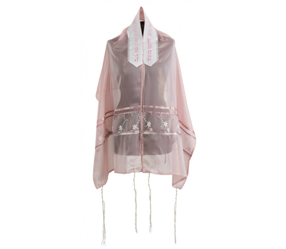 Ronit Gur Tallit Prayer Shawl Set, Sheer Pink with Flowers - Organza