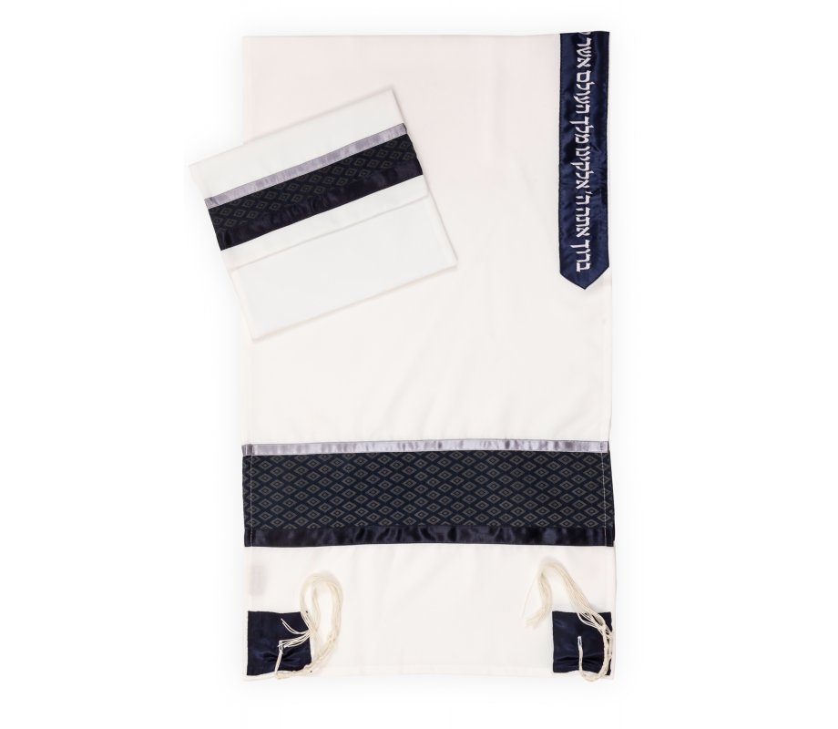 Ronit Gur Tallit Set with Silver Diamond Pattern on Blue Stripes