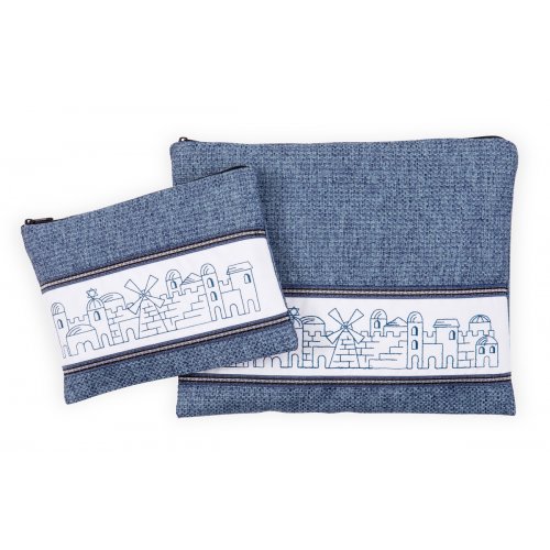 Ronit Gur Tallit and Tefillin Bag Set, Embroidered Jerusalem Design - Blue