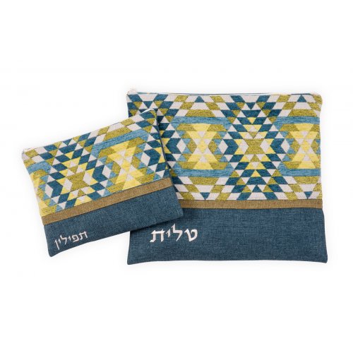 Ronit Gur Tallit and Tefillin Bag Set, Geometric Blue and Green Design