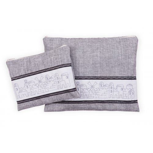 Ronit Gur Tallit and Tefillin Bags Set, Embroidered Jerusalem Design - Gray