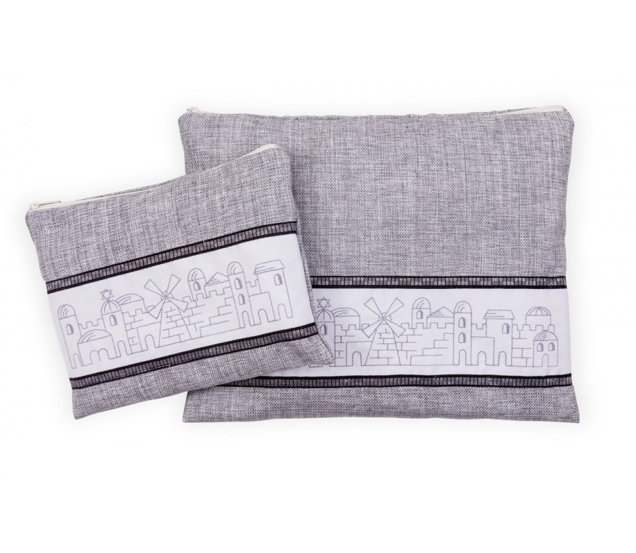 Ronit Gur Tallit and Tefillin Bags Set, Embroidered Jerusalem Design - Gray