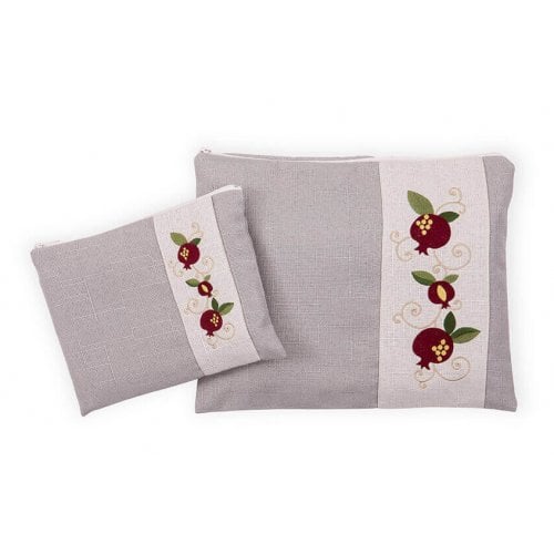 Ronit Gur Tallit and Tefillin Bags Set, Embroidered Red Pomegranates on Gray