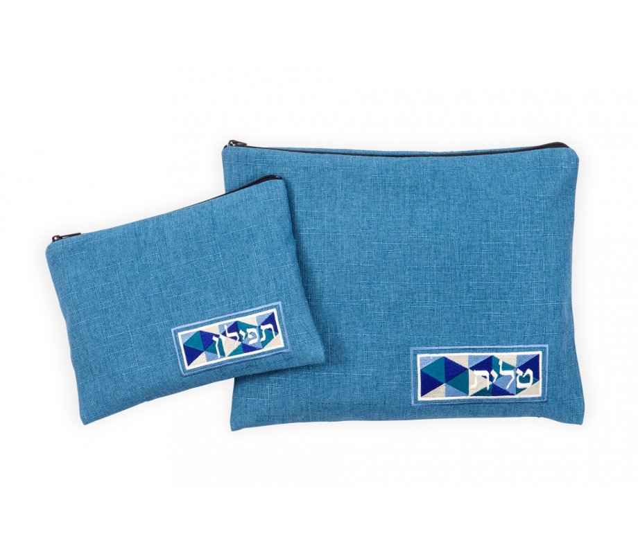 Ronit Gur Tallit and Tefillin Bags Set, Linen Like Blue Vitrage Design