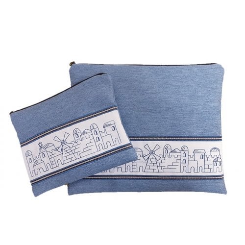 Ronit Gur Tallit and Tefillin Bags Sets , Embroidered Jerusalem Design - Blue