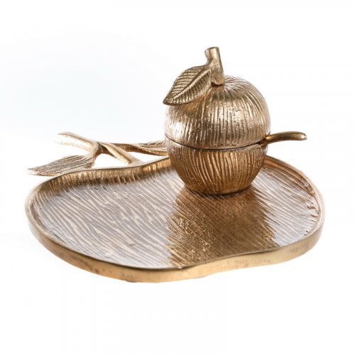 Rosh Hashanah Apple Shaped Gold Tray with Attached Honey Bowl with Lid and Spoon