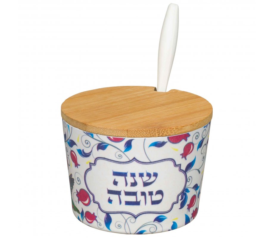 Rosh Hashanah Bamboo Honey Dish with Red and Blue Pomegranate Design – Lid and Spoon