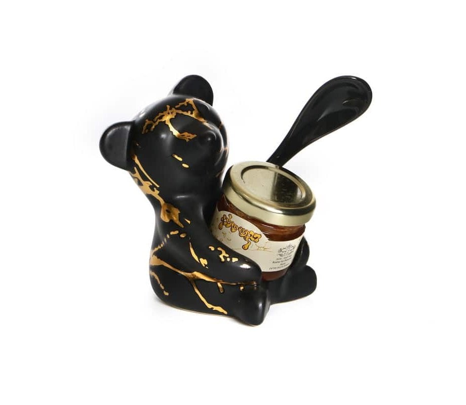 Rosh Hashanah Ceramic Honey Dish, Bear with Honey and Spoon - Black and Gold