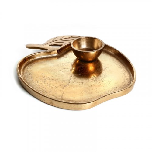Rosh Hashanah Gold Apple Shaped Tray with Attached Honey Bowl