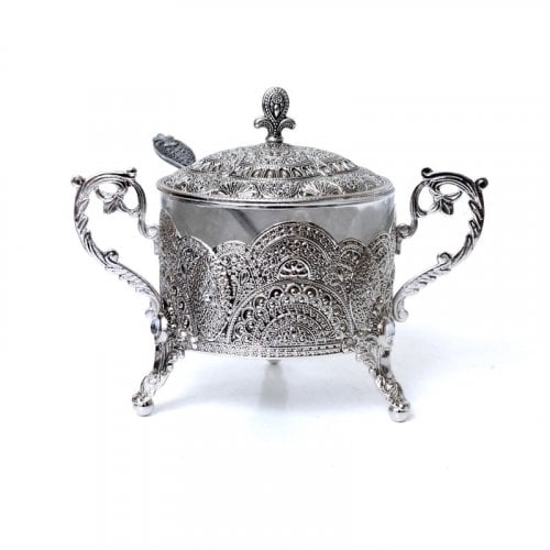 Rosh Hashanah Honey Dish with Lid and Spoon - Detailed Filigree Engravings