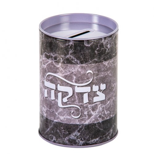 Round Cylinder Charity Box with Gray Marble Design - Coin Slot on top