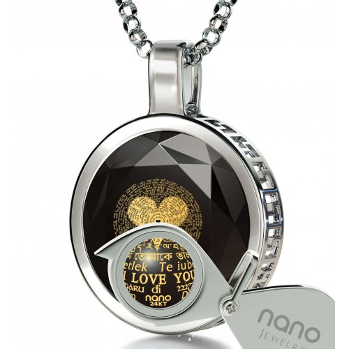 Round I Love You Pendant in 120 Languages - Silver and Onyx