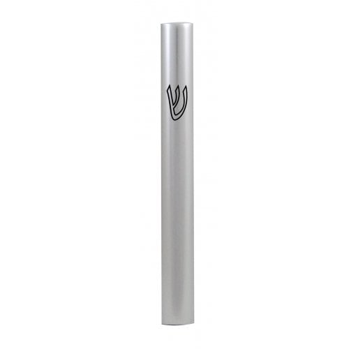 Rounded Aluminum Mezuzah Case - Gleaming Silver with Black Outline 
