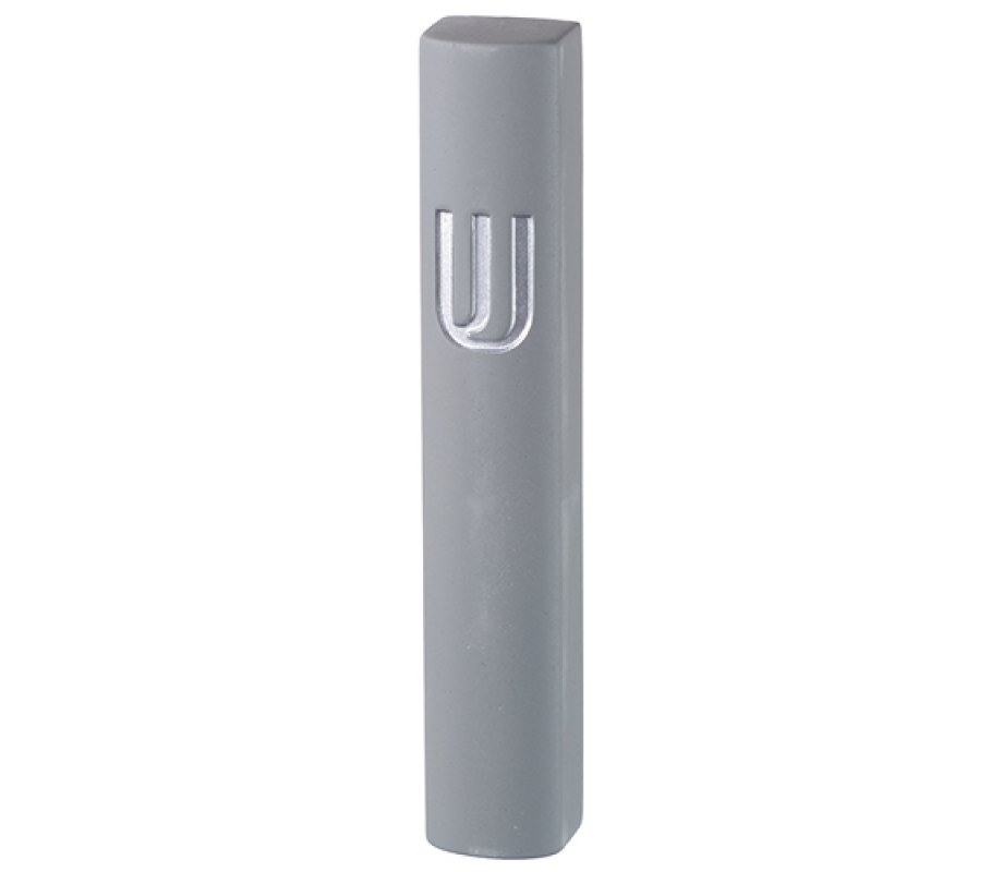Rounded Light Gray Polyresin with Stone Effect Mezuzah Case – Silver Shin