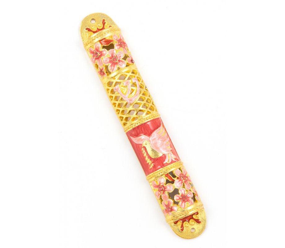 Rounded Mezuzah Case with Dove of Peace and Flowers - Pink, Red and Gold