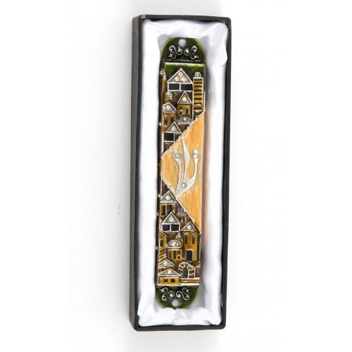 Rounded Mezuzah Case with Gleaming Jerusalem Images - Brown