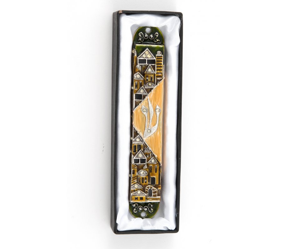 Rounded Mezuzah Case with Gleaming Jerusalem Images - Brown