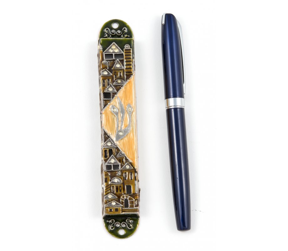 Rounded Mezuzah Case with Gleaming Jerusalem Images - Brown