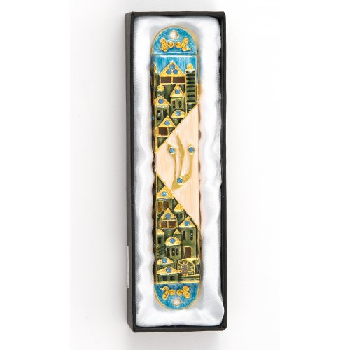 Rounded Mezuzah Case with Gleaming Jerusalem Images - Green, Blue and Cream