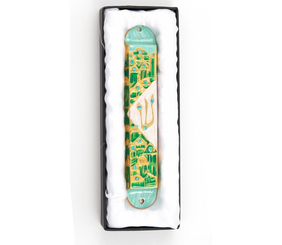 Rounded Mezuzah Case with Gleaming Jerusalem Images - Green, Gold and Off White
