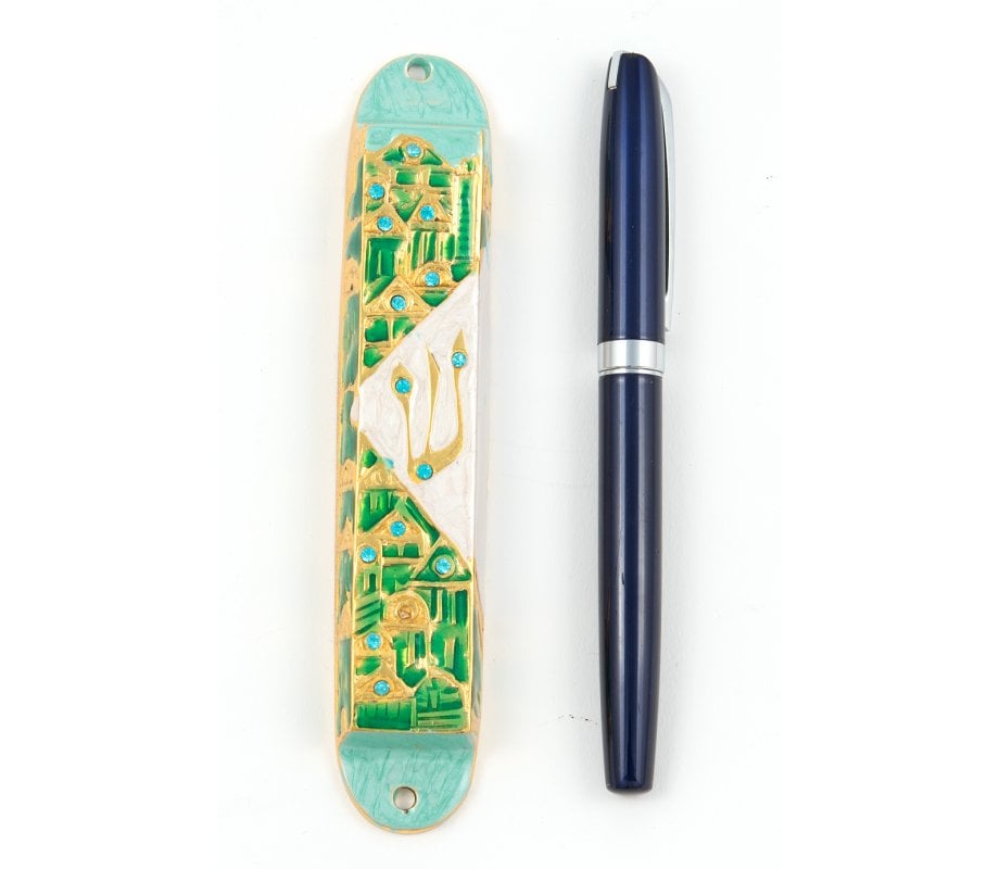 Rounded Mezuzah Case with Gleaming Jerusalem Images - Green, Gold and Off White
