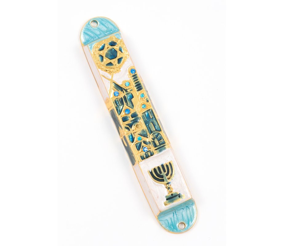 Rounded Mezuzah Case with Gleaming Judaic Symbols - Gold, Green and Off White
