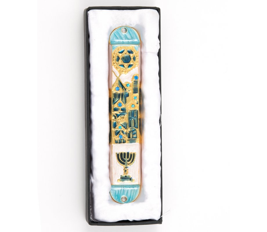 Rounded Mezuzah Case with Gleaming Judaic Symbols - Gold, Green and Off White