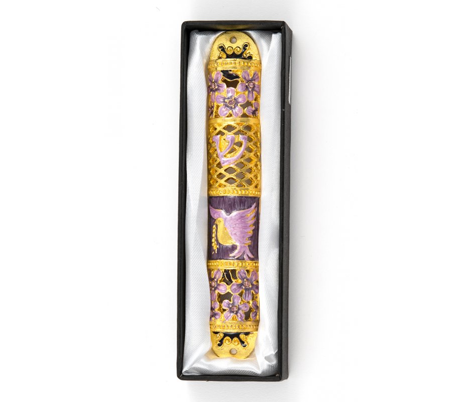 Rounded Mezuzah Case with Gleaming Peace Dove and Flowers - Gold and Purple