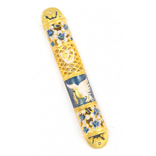 Rounded Mezuzah Case with Gleaming Peace Dove and Flowers - Gold and Turquoise