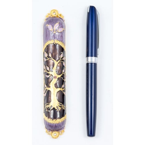 Rounded Mezuzah Case with Gleaming Tree of Life - Purple and Gold