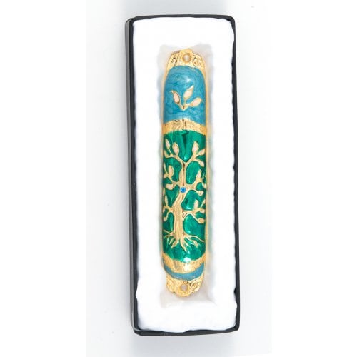 Rounded Mezuzah Case with Gleaming Tree of Life, Gold and Green - 5.3 Inches