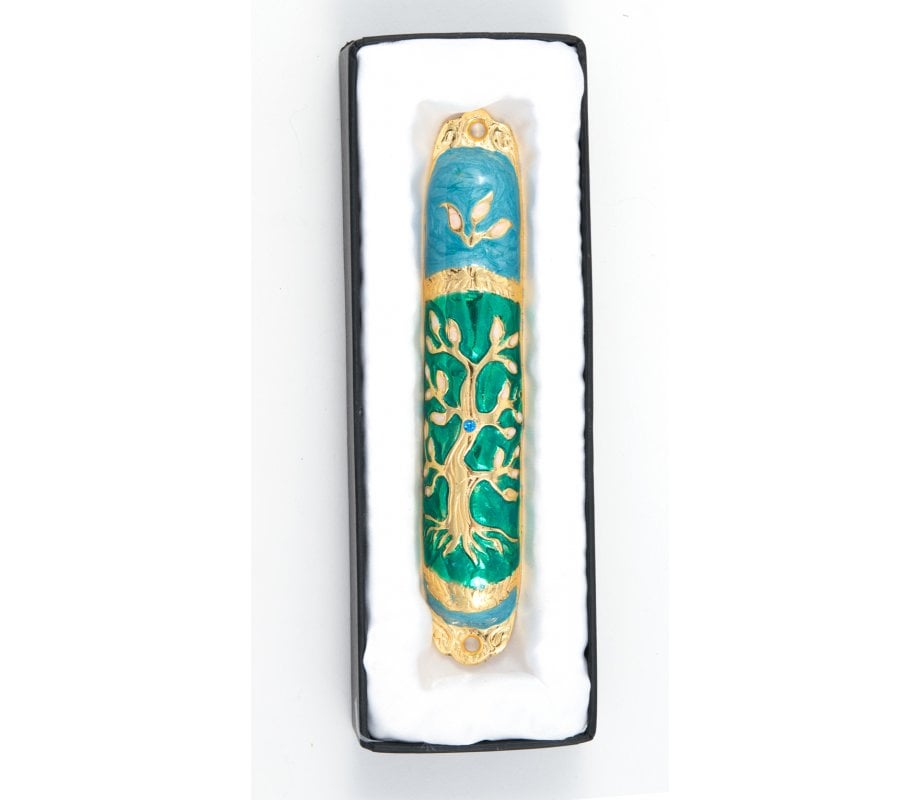 Rounded Mezuzah Case with Gleaming Tree of Life, Gold and Green - 5.3 Inches