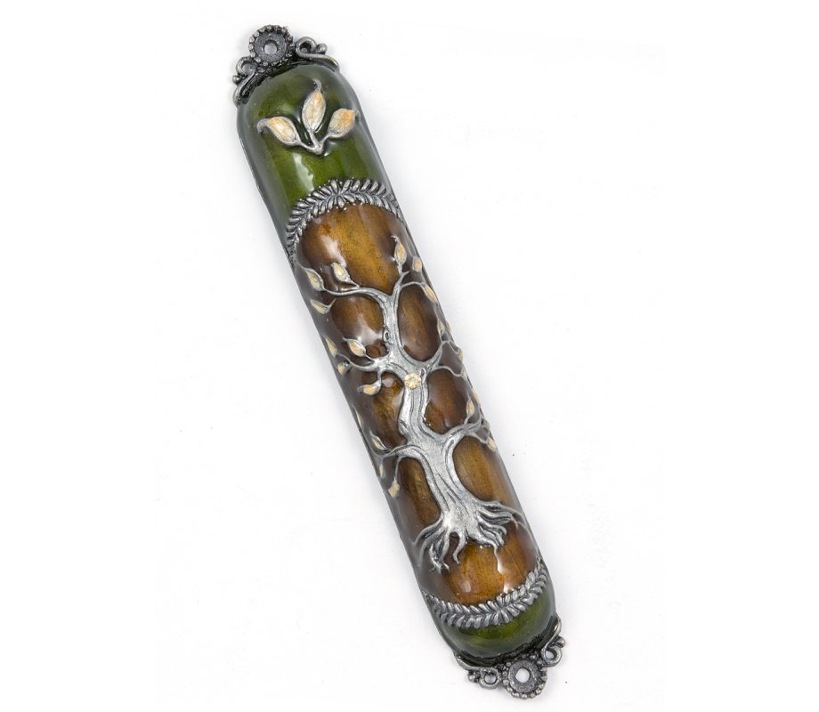 Rounded Mezuzah Case with Gleaming Tree of Life, Gold and Green - 5.5 Inches