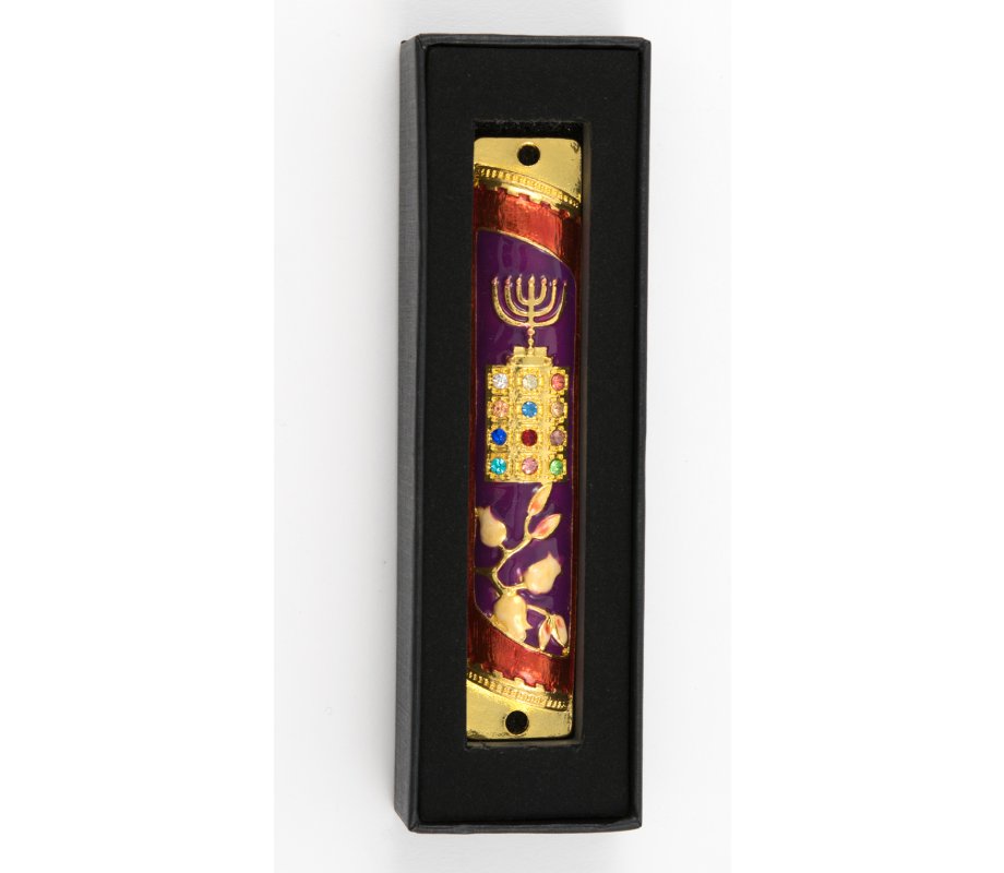 Rounded Mezuzah Case with Hoshen Breastplate and Menorah Design - Violet