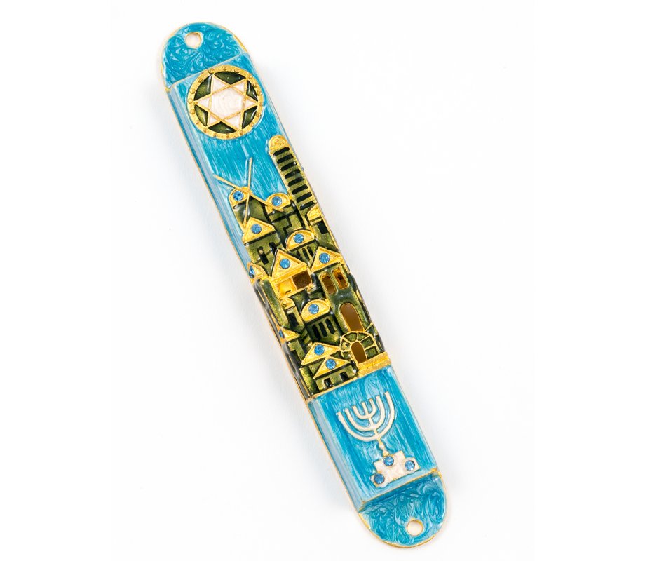 Rounded Mezuzah Case with Jerusalem Images, Menorah & Star of David - Blue Green