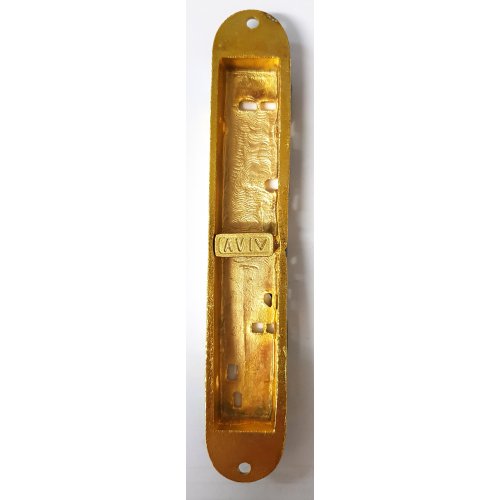 Rounded Mezuzah Case with Star of David, Jerusalem and Menorah - Gold Bronze