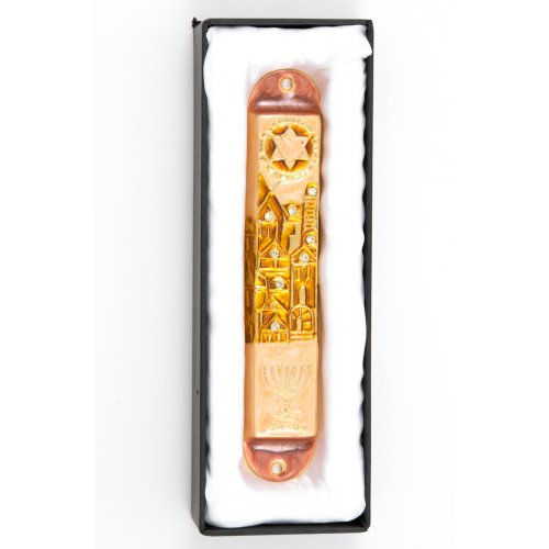 Rounded Mezuzah Case with Star of David, Jerusalem and Menorah - Gold Bronze