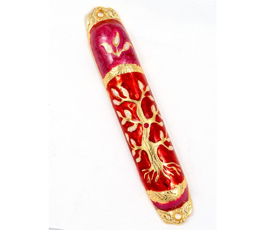 Rounded Mezuzah Case with Tree of Life - Gold, Red and Pink