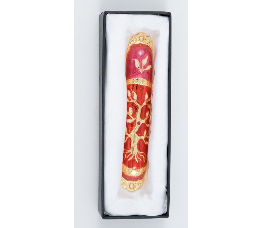 Rounded Mezuzah Case with Tree of Life - Gold, Red and Pink