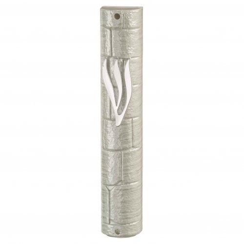 Rounded Silver Plastic Mezuzah Case with Western Wall Image – Silver Shin
