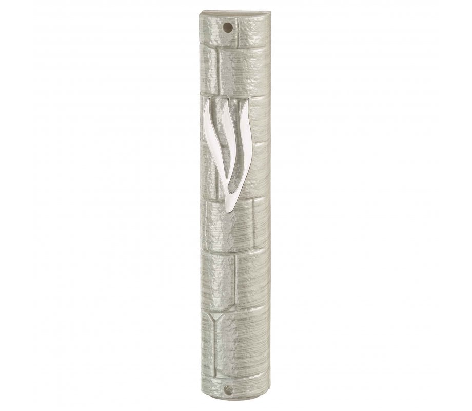 Rounded Silver Plastic Mezuzah Case with Western Wall Image – Silver Shin